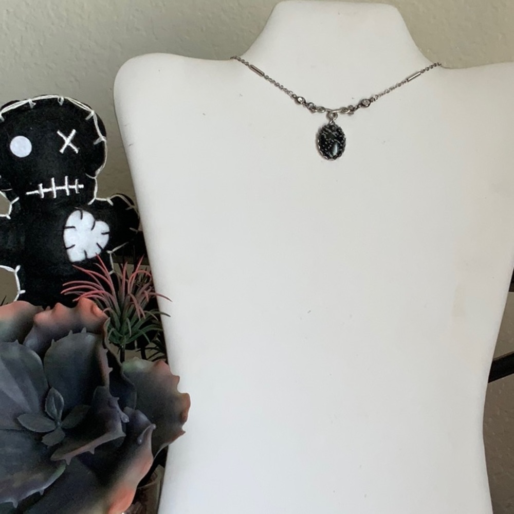 Authentic Snowflake Obsidian Scrolled Bar & Rhinestones on Stainless Bar Choker
